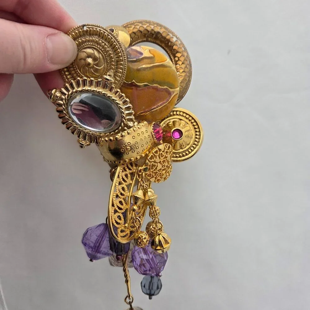 Vintage Maximalist Assemblage Brooch - Gold Tone with Purple Dangle Charms